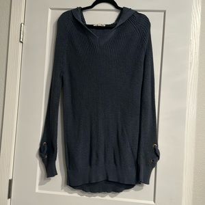 Women’s blue hooded sweater dress with sleeve detailing